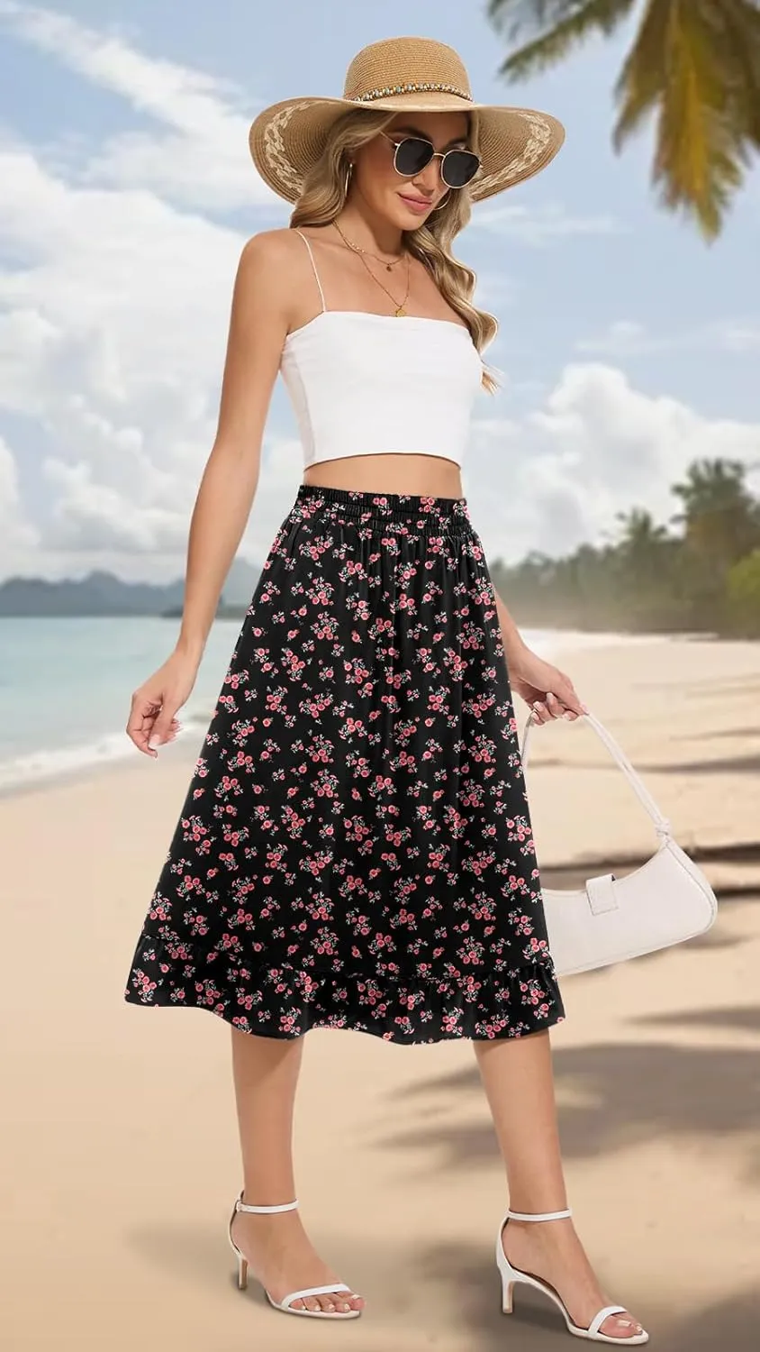Midi Skirts for Women Trendy Elastic High Waist Flowy Swing A Line Casual Tiered Ruffle Skirt with Pockets