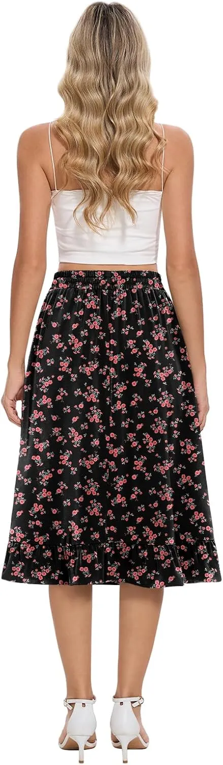 Midi Skirts for Women Trendy Elastic High Waist Flowy Swing A Line Casual Tiered Ruffle Skirt with Pockets