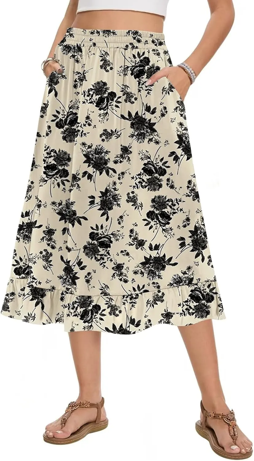 Midi Skirts for Women Trendy Elastic High Waist Flowy Swing A Line Casual Tiered Ruffle Skirt with Pockets