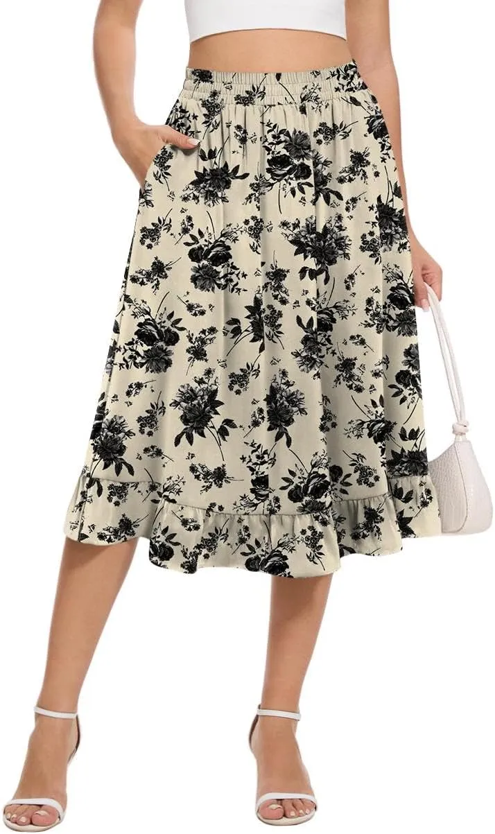 Midi Skirts for Women Trendy Elastic High Waist Flowy Swing A Line Casual Tiered Ruffle Skirt with Pockets