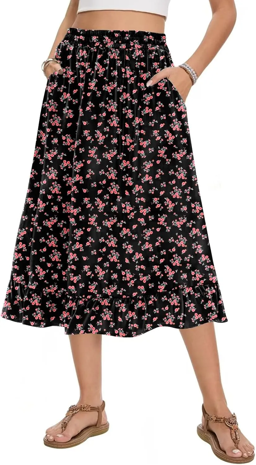 Midi Skirts for Women Trendy Elastic High Waist Flowy Swing A Line Casual Tiered Ruffle Skirt with Pockets