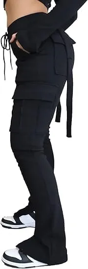 Molisry Women's Flare Cargo Sweatpants Casual High Waisted Split Stacked Leggings Workout Joggers with Pockets