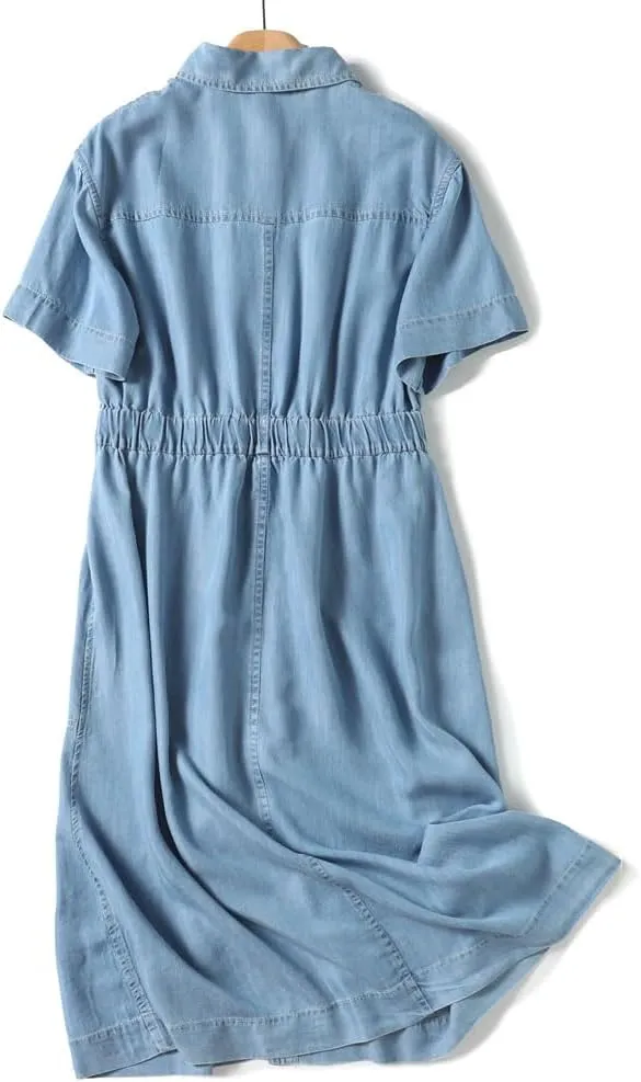 Niiyyjj Casual Denim Shirt Dress for Women Soft Stretch Button Down Collar Short Sleeve Jeans Tunic Dresses