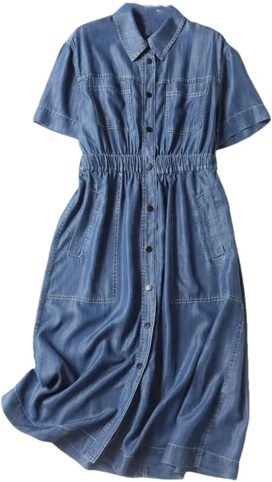 Niiyyjj Casual Denim Shirt Dress for Women Soft Stretch Button Down Collar Short Sleeve Jeans Tunic Dresses
