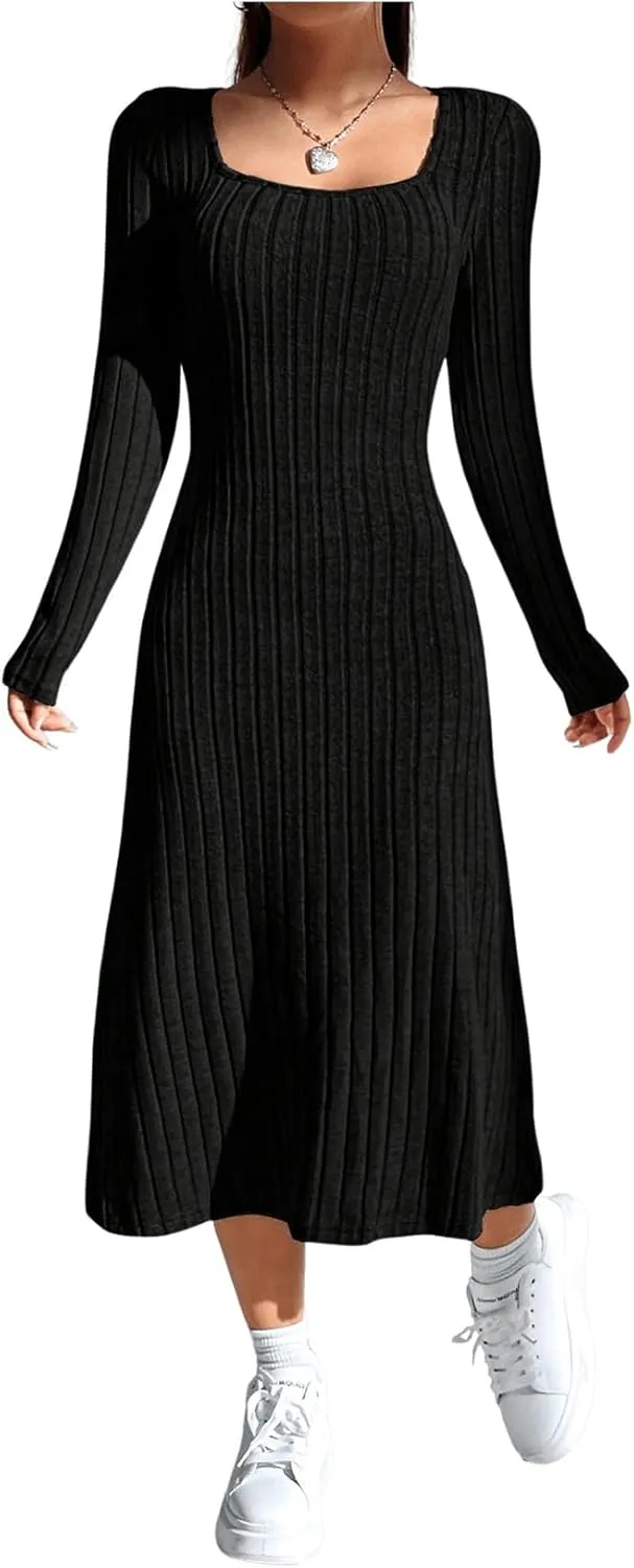 OYOANGLE Women's Square Neck Long Sleeve A Line Sweater Dress Ribbed Knit Solid Midi Dresses