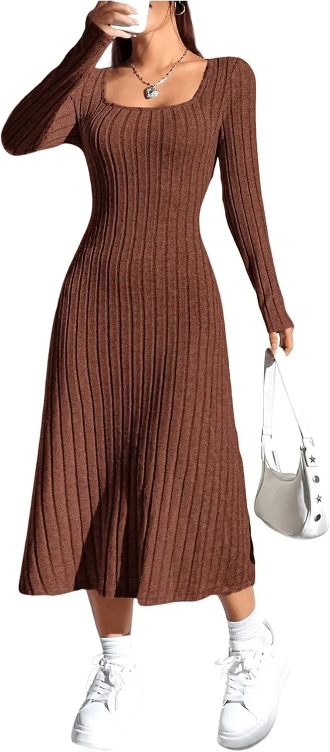 OYOANGLE Women's Square Neck Long Sleeve A Line Sweater Dress Ribbed Knit Solid Midi Dresses