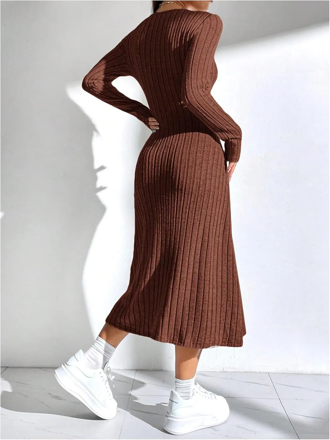 OYOANGLE Women's Square Neck Long Sleeve A Line Sweater Dress Ribbed Knit Solid Midi Dresses