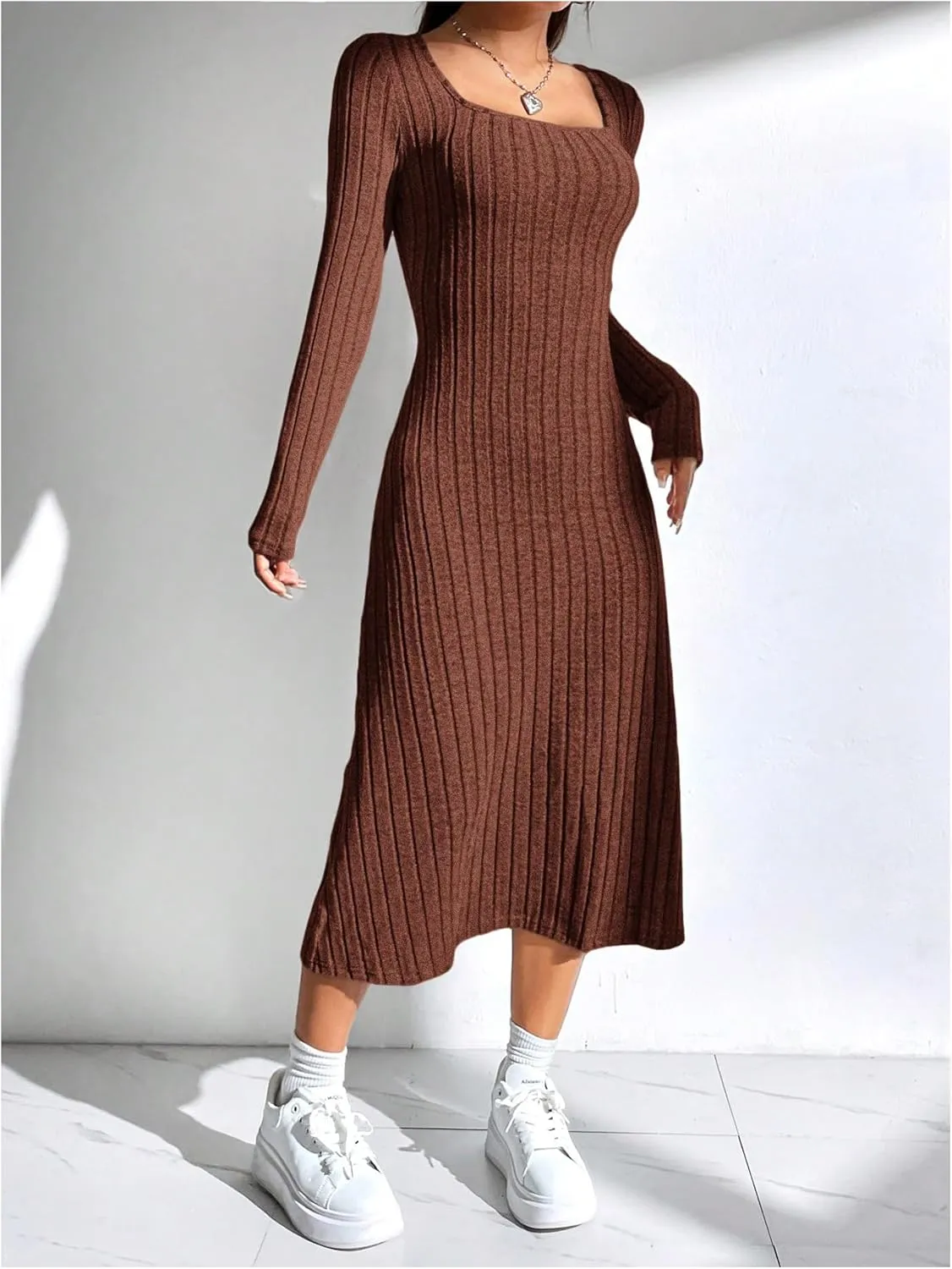 OYOANGLE Women's Square Neck Long Sleeve A Line Sweater Dress Ribbed Knit Solid Midi Dresses