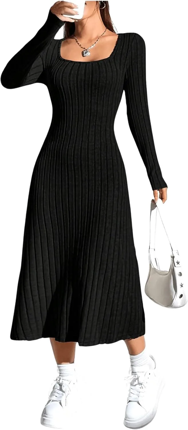 OYOANGLE Women's Square Neck Long Sleeve A Line Sweater Dress Ribbed Knit Solid Midi Dresses