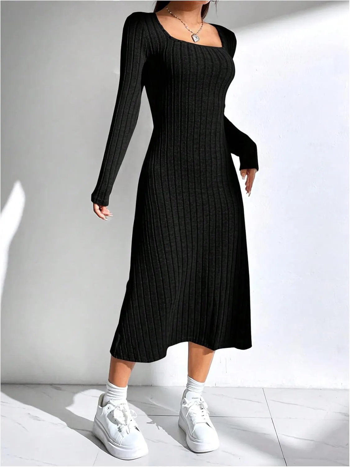 OYOANGLE Women's Square Neck Long Sleeve A Line Sweater Dress Ribbed Knit Solid Midi Dresses