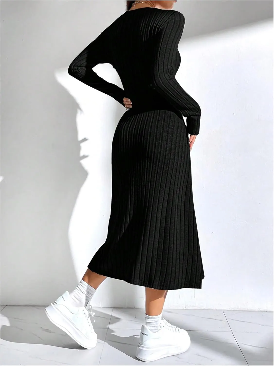 OYOANGLE Women's Square Neck Long Sleeve A Line Sweater Dress Ribbed Knit Solid Midi Dresses