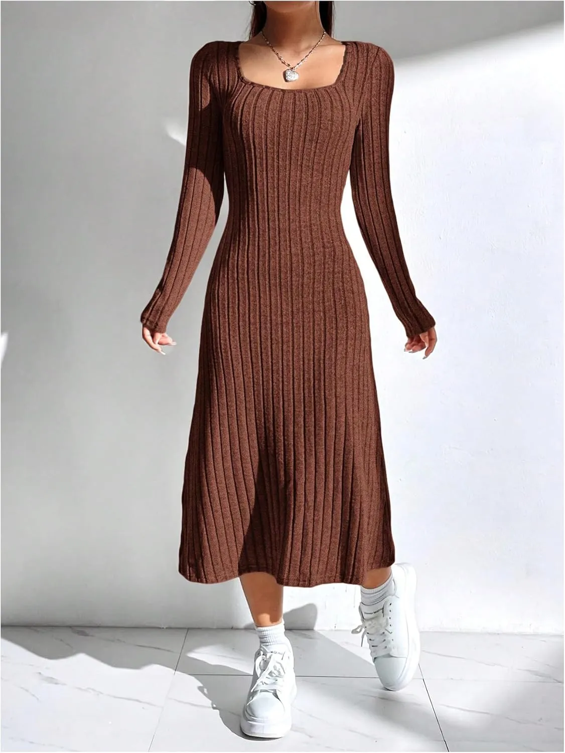 OYOANGLE Women's Square Neck Long Sleeve A Line Sweater Dress Ribbed Knit Solid Midi Dresses