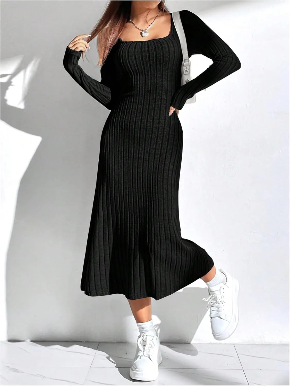 OYOANGLE Women's Square Neck Long Sleeve A Line Sweater Dress Ribbed Knit Solid Midi Dresses