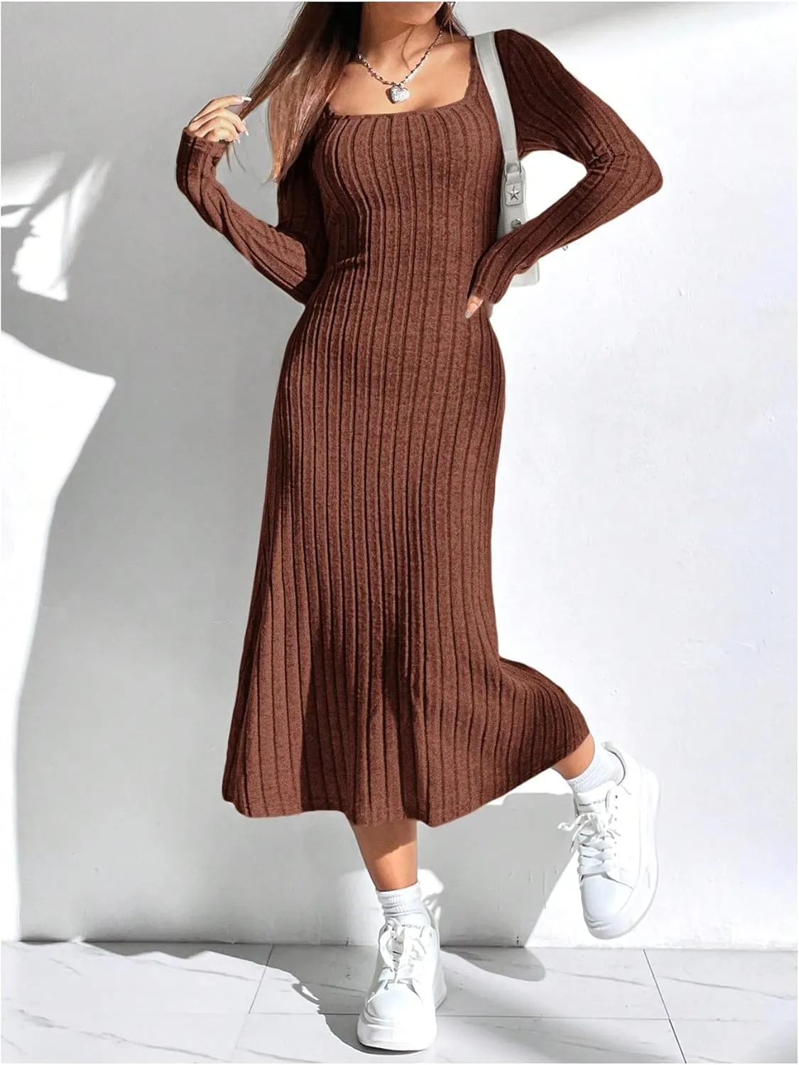 OYOANGLE Women's Square Neck Long Sleeve A Line Sweater Dress Ribbed Knit Solid Midi Dresses