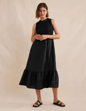 Smocked Linen Midi Dress-Black