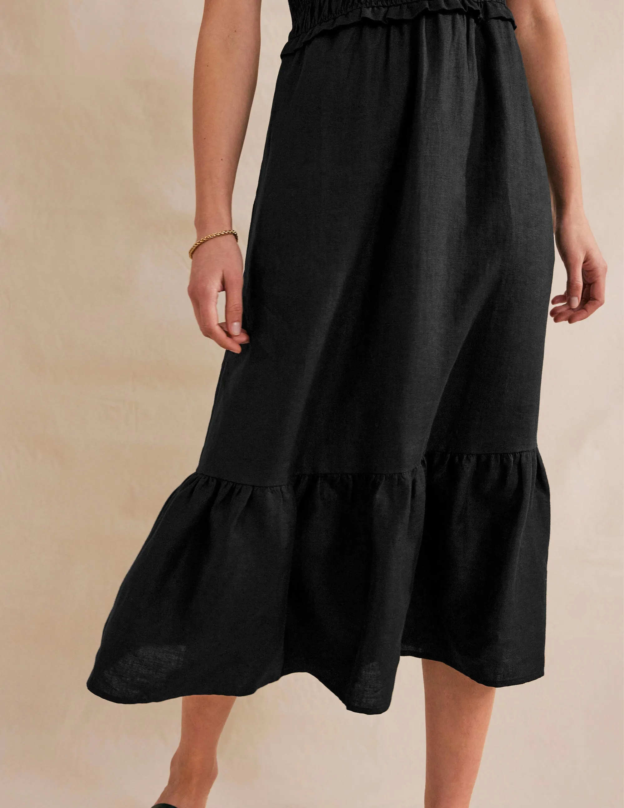 Smocked Linen Midi Dress-Black