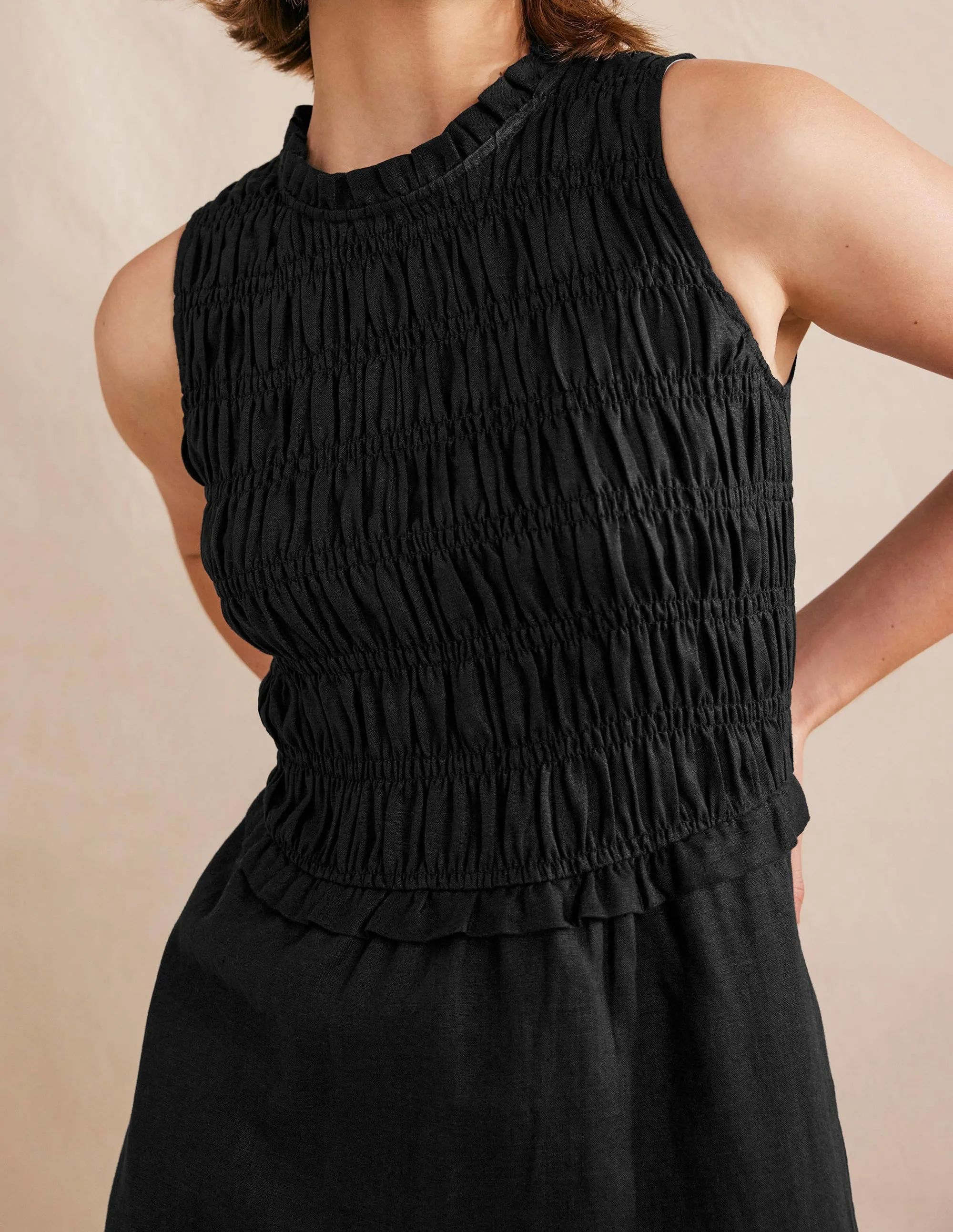 Smocked Linen Midi Dress-Black