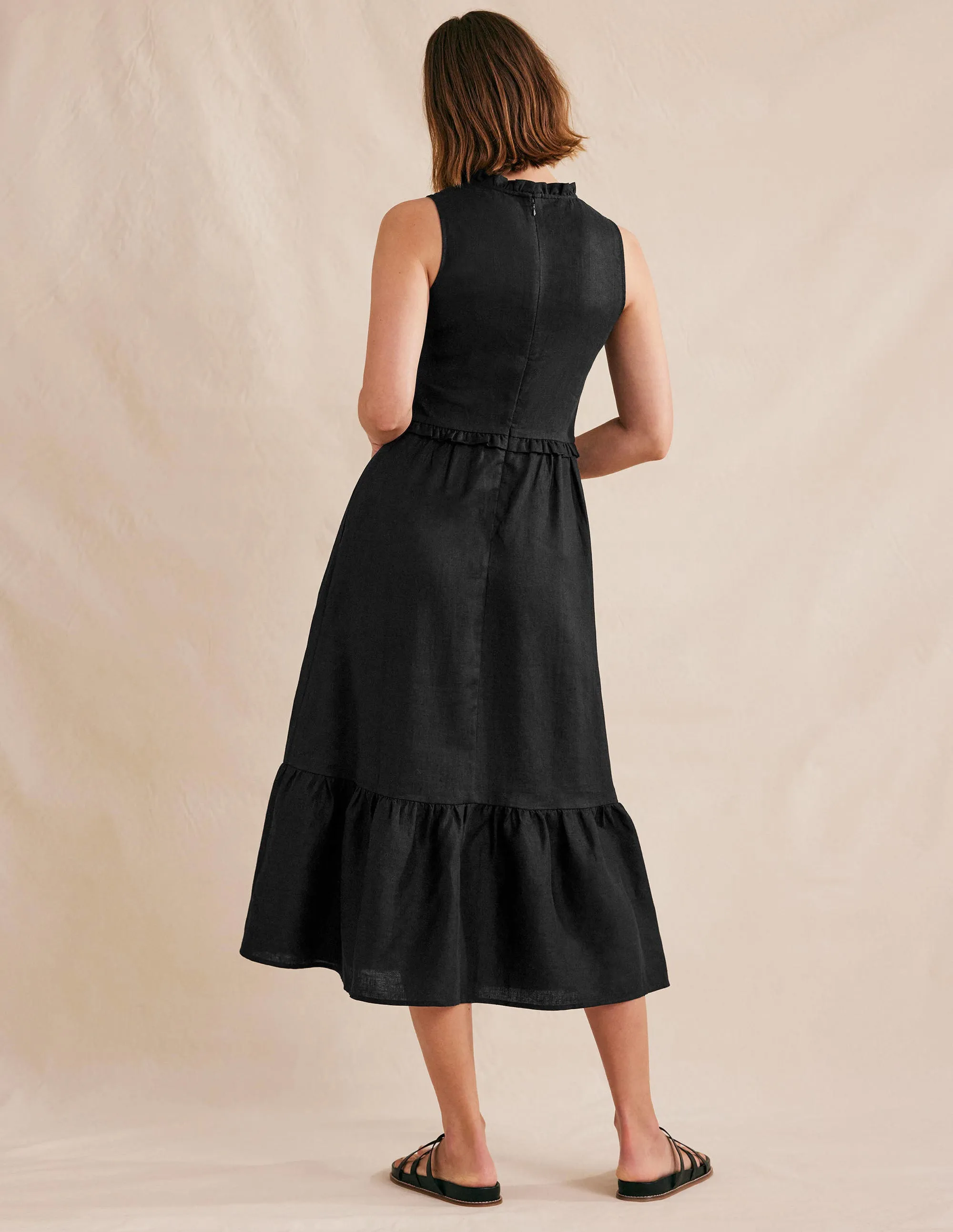 Smocked Linen Midi Dress-Black
