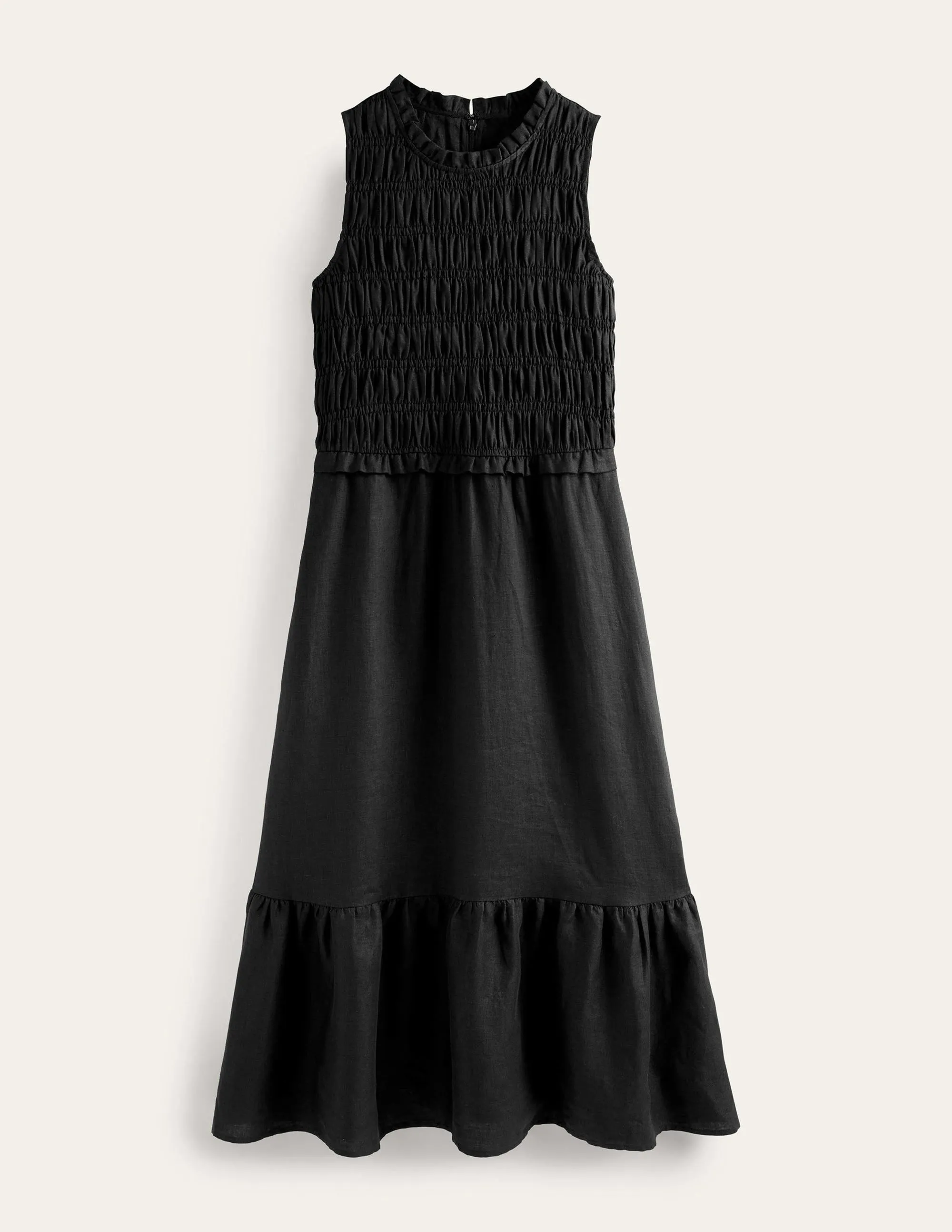 Smocked Linen Midi Dress-Black