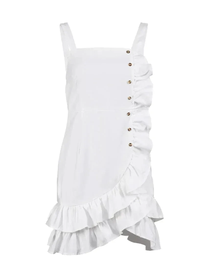 Solid Layered Ruffle Cami Sundress with Side Buttons Applique