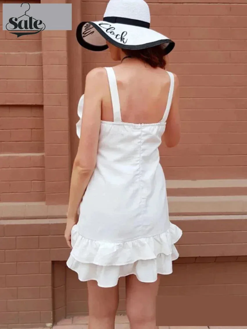 Solid Layered Ruffle Cami Sundress with Side Buttons Applique