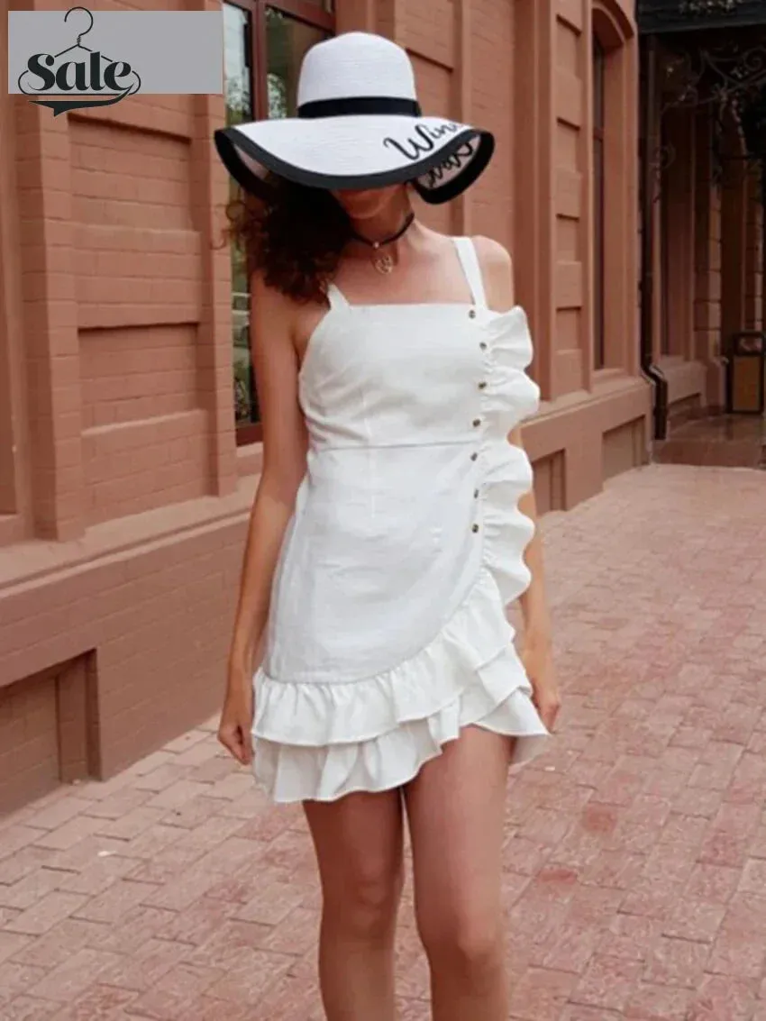 Solid Layered Ruffle Cami Sundress with Side Buttons Applique