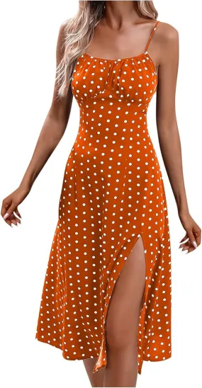 Spaghetti Strap Dresses for Women Polka Dot Midi Dress Sleeveless Slit Summer Sundress Beach Vacation Sexy Dress
