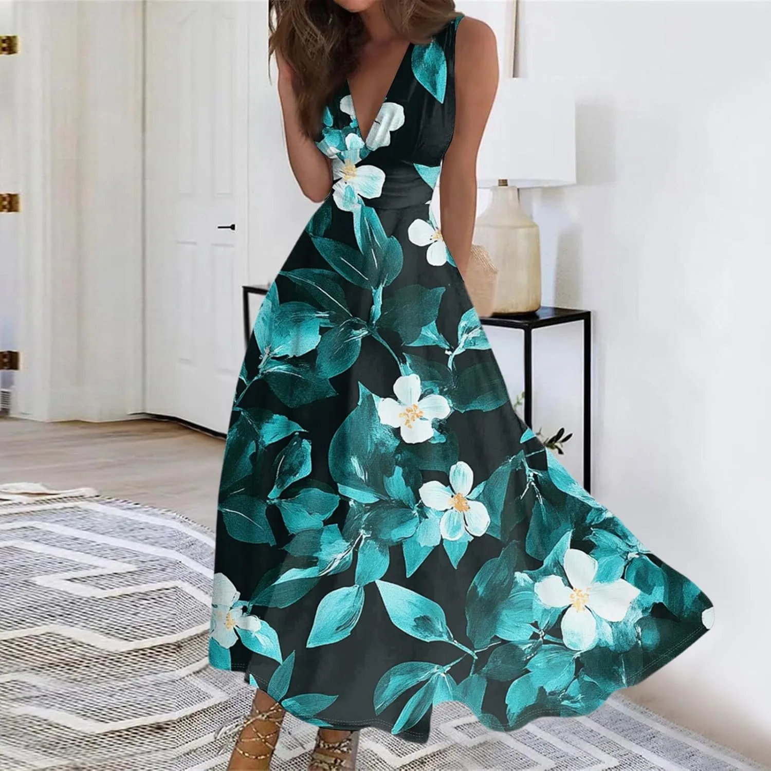 Spring Womens Dresses, Beach 2025 Vacation V-Neck Floral Bohemian Long Sundress