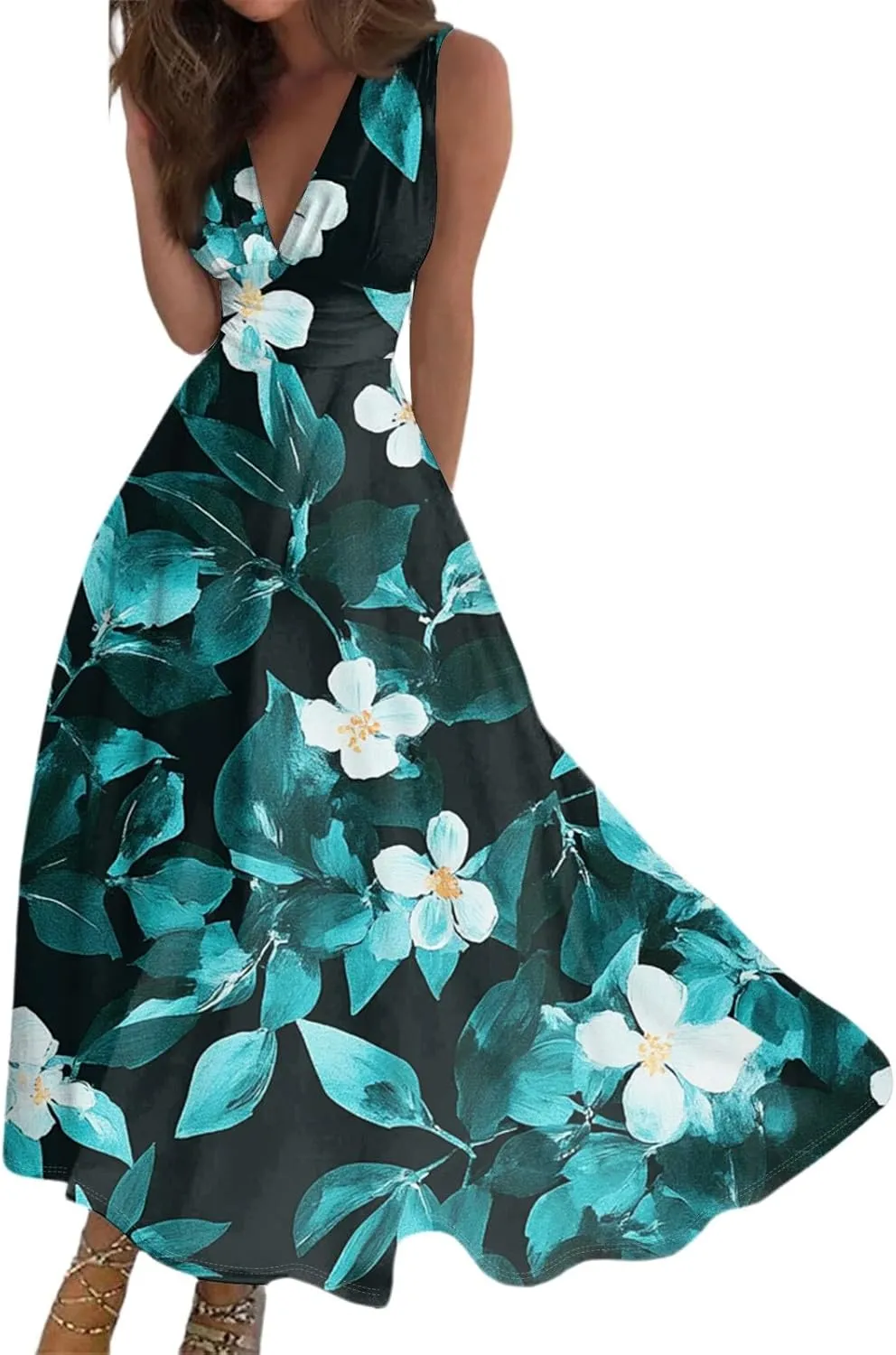 Spring Womens Dresses, Beach 2025 Vacation V-Neck Floral Bohemian Long Sundress