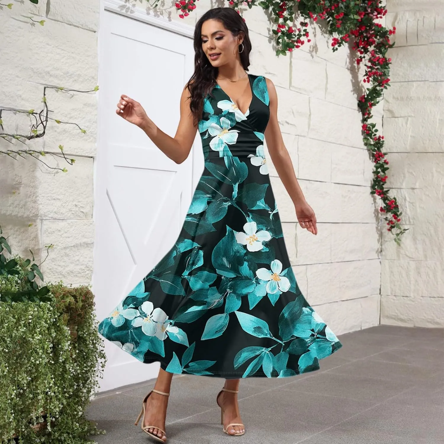 Spring Womens Dresses, Beach 2025 Vacation V-Neck Floral Bohemian Long Sundress