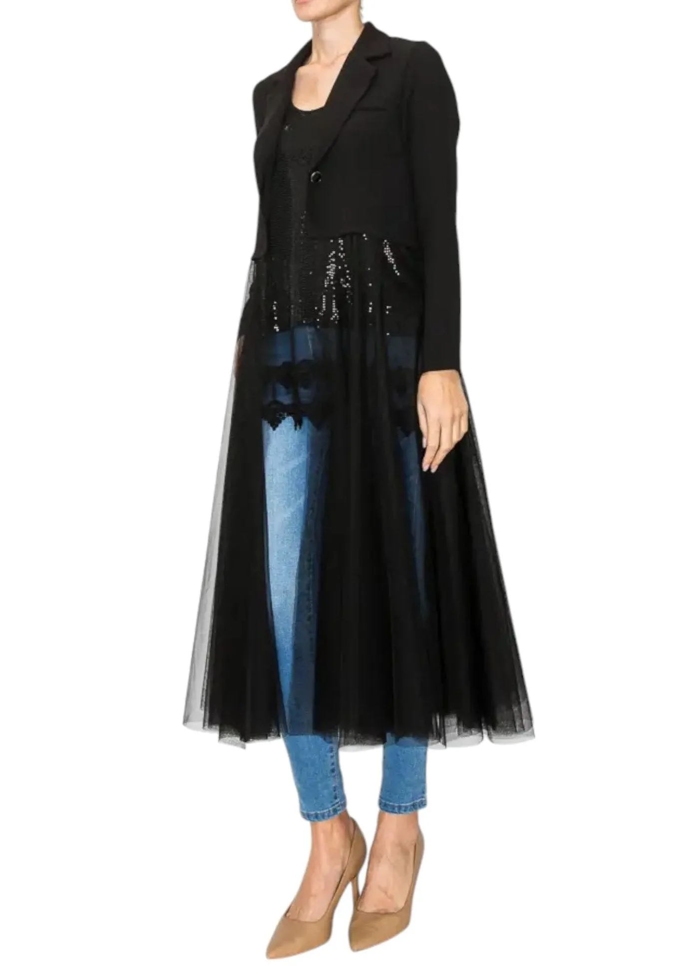 Stevie Black Crop Blazer With Tulle Duster