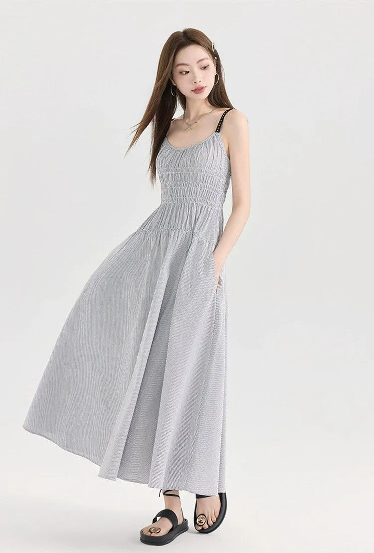 Striped Midi Sundress with Smocked Bodice and Adjustable Straps