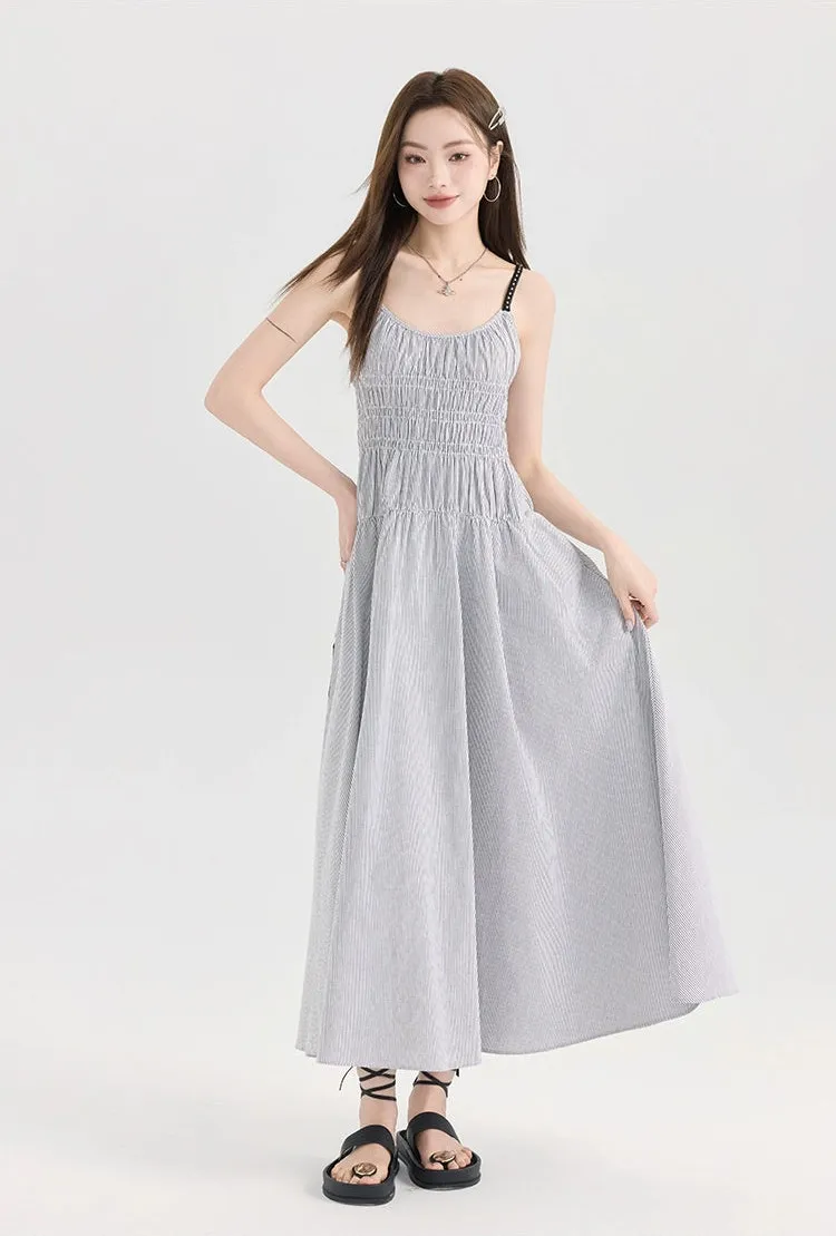 Striped Midi Sundress with Smocked Bodice and Adjustable Straps