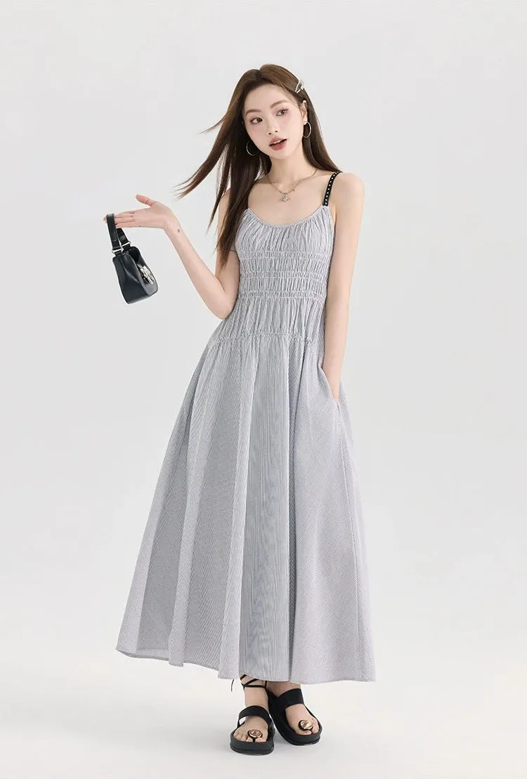 Striped Midi Sundress with Smocked Bodice and Adjustable Straps