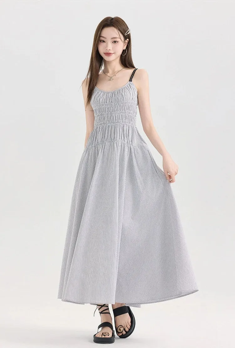 Striped Midi Sundress with Smocked Bodice and Adjustable Straps