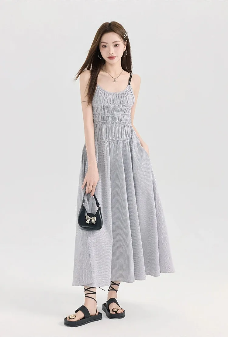 Striped Midi Sundress with Smocked Bodice and Adjustable Straps