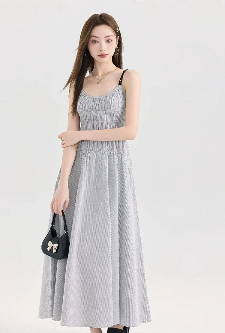 Striped Midi Sundress with Smocked Bodice and Adjustable Straps