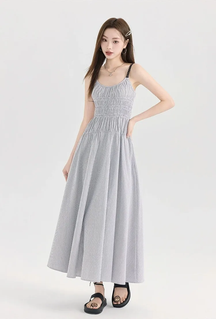 Striped Midi Sundress with Smocked Bodice and Adjustable Straps