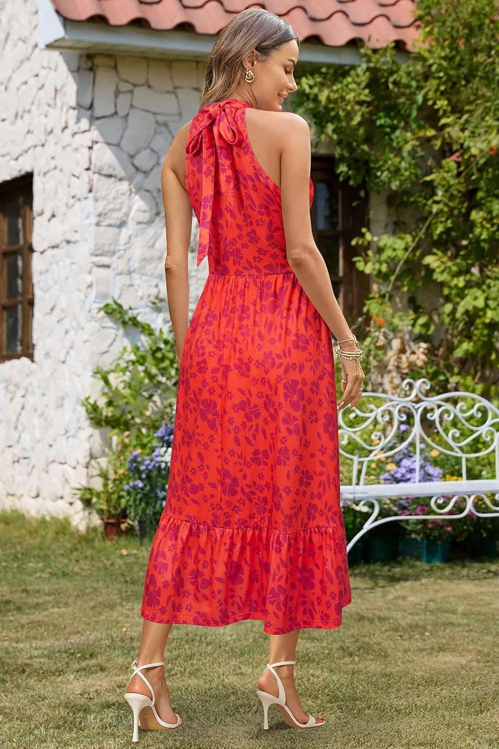STYLEWORD Womens 2025 Summer Dress Maxi Vacation Floral Halter Neck Sleeveless Flowy Sundress with Pockets