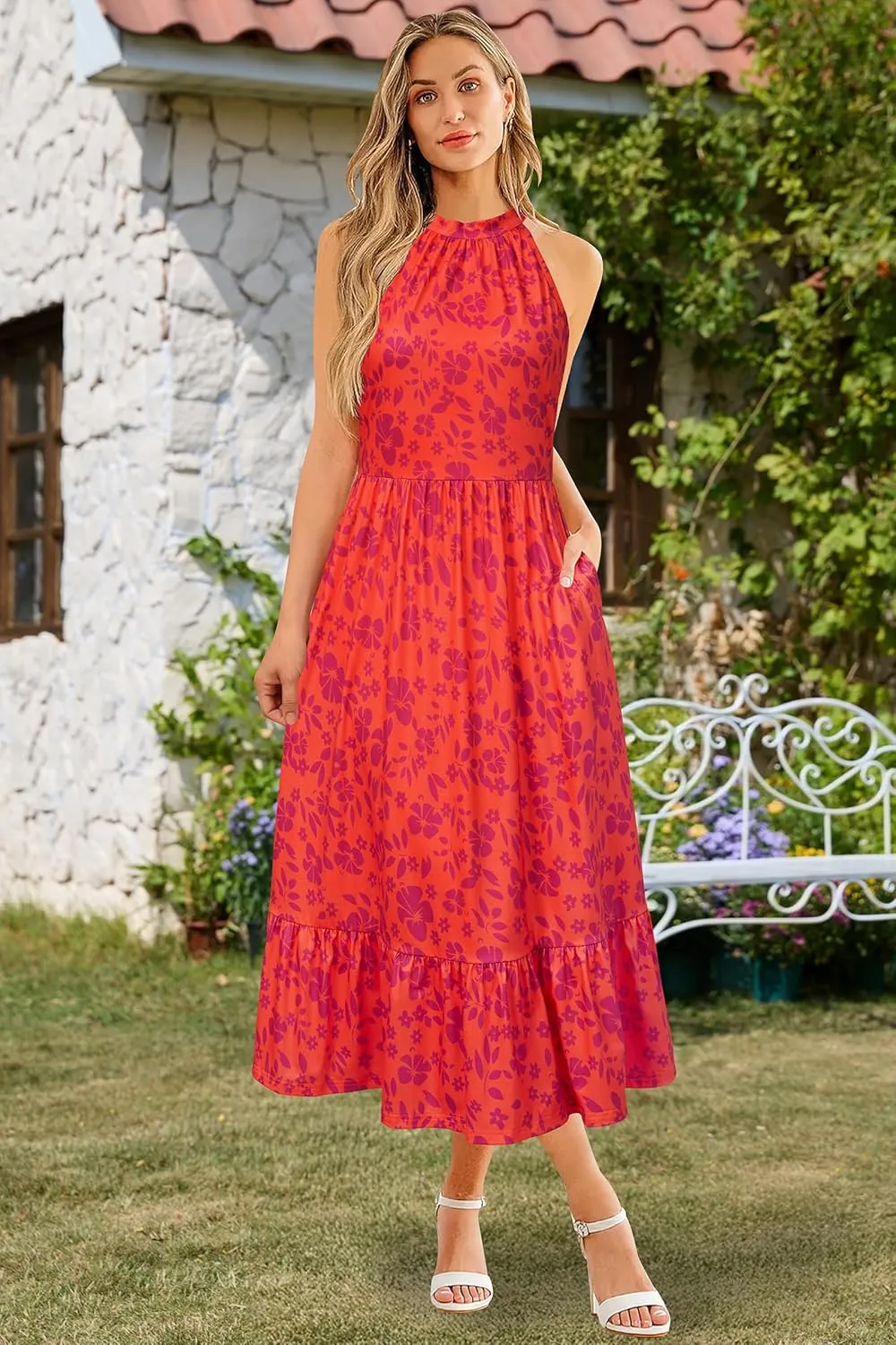 STYLEWORD Womens 2025 Summer Dress Maxi Vacation Floral Halter Neck Sleeveless Flowy Sundress with Pockets