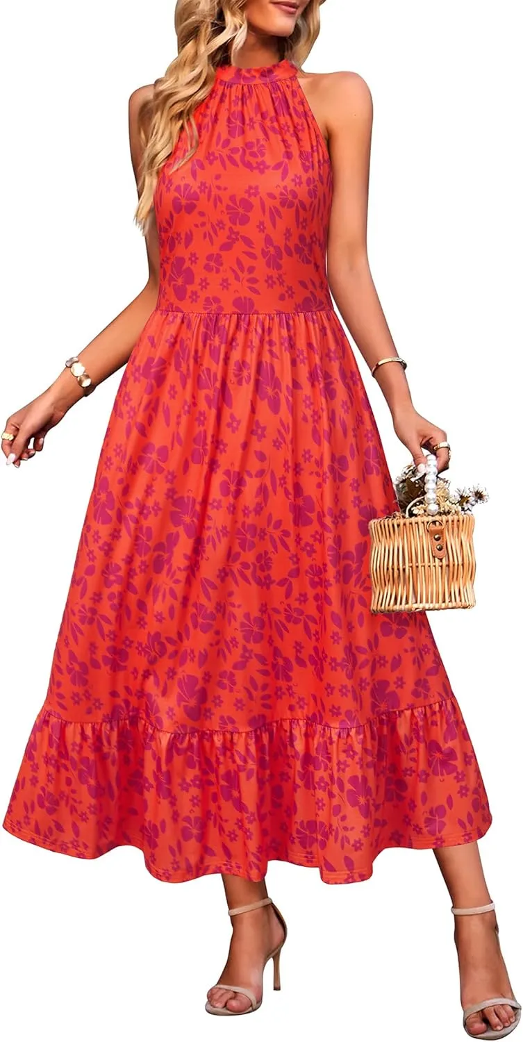 STYLEWORD Womens 2025 Summer Dress Maxi Vacation Floral Halter Neck Sleeveless Flowy Sundress with Pockets