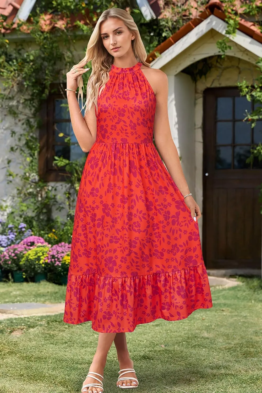 STYLEWORD Womens 2025 Summer Dress Maxi Vacation Floral Halter Neck Sleeveless Flowy Sundress with Pockets