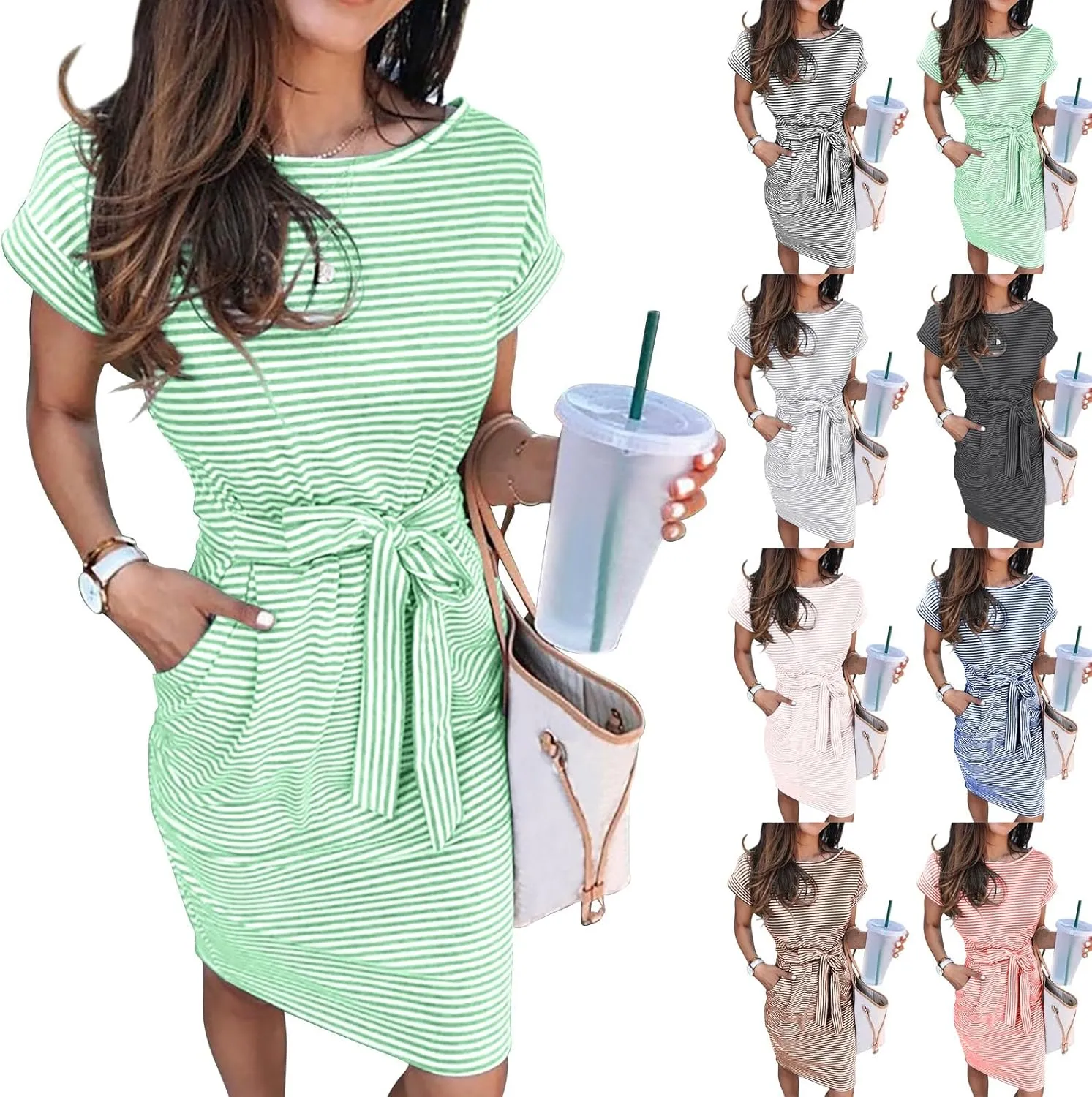 Summer Dress for Women Casual Striped Short Sleeve Solid Color Chic Belted Drop Waist T Shirt Sundress with Pockets