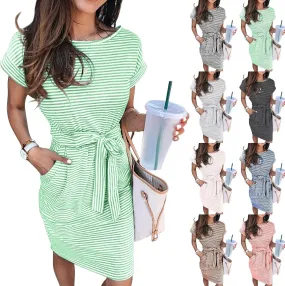 Summer Dress for Women Casual Striped Short Sleeve Solid Color Chic Belted Drop Waist T Shirt Sundress with Pockets