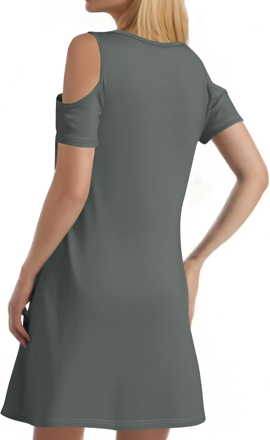 Summer Dresses for Women 2025 Scoop Neck Cold Shoulder Short Sleeve Mini Dress Casual Short Sundress with Pocket