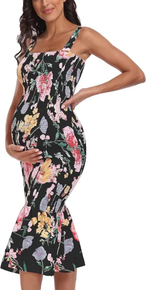 Summer Tank Maternity Dress Sleeveless Strappy Floral Midi Bodycon Square Neck Ruffle Mermaid Smocked Dress for Baby Shower