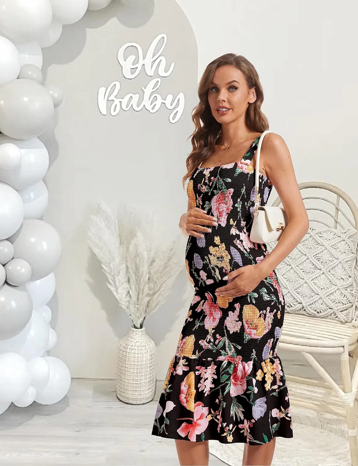 Summer Tank Maternity Dress Sleeveless Strappy Floral Midi Bodycon Square Neck Ruffle Mermaid Smocked Dress for Baby Shower