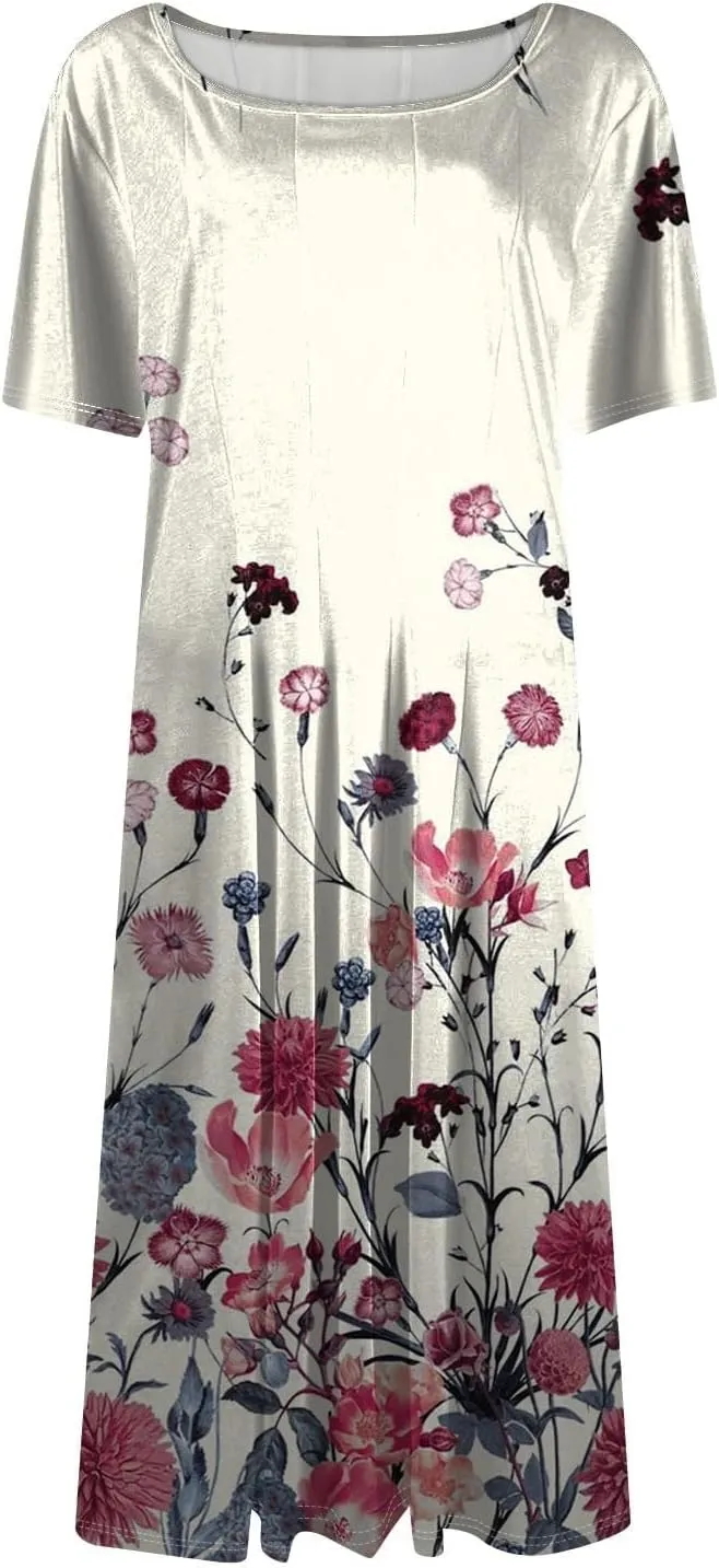 Sundresses for Women 2025 Summer Maxi Loose Floral Comfy Dress Short Sleeve V Neck Prom Flowly Boho Dresses