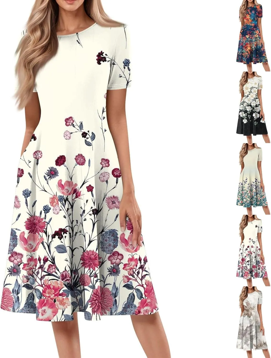 Sundresses for Women 2025 Summer Maxi Loose Floral Comfy Dress Short Sleeve V Neck Prom Flowly Boho Dresses