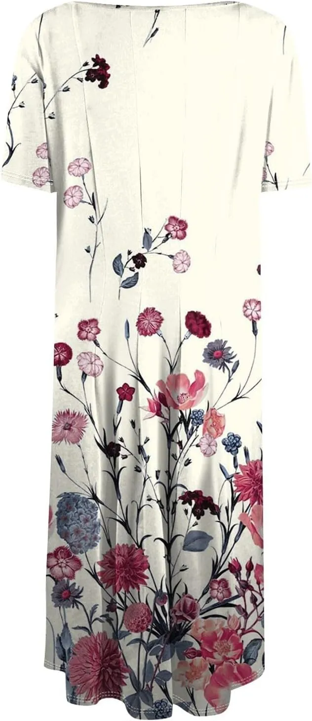 Sundresses for Women 2025 Summer Maxi Loose Floral Comfy Dress Short Sleeve V Neck Prom Flowly Boho Dresses